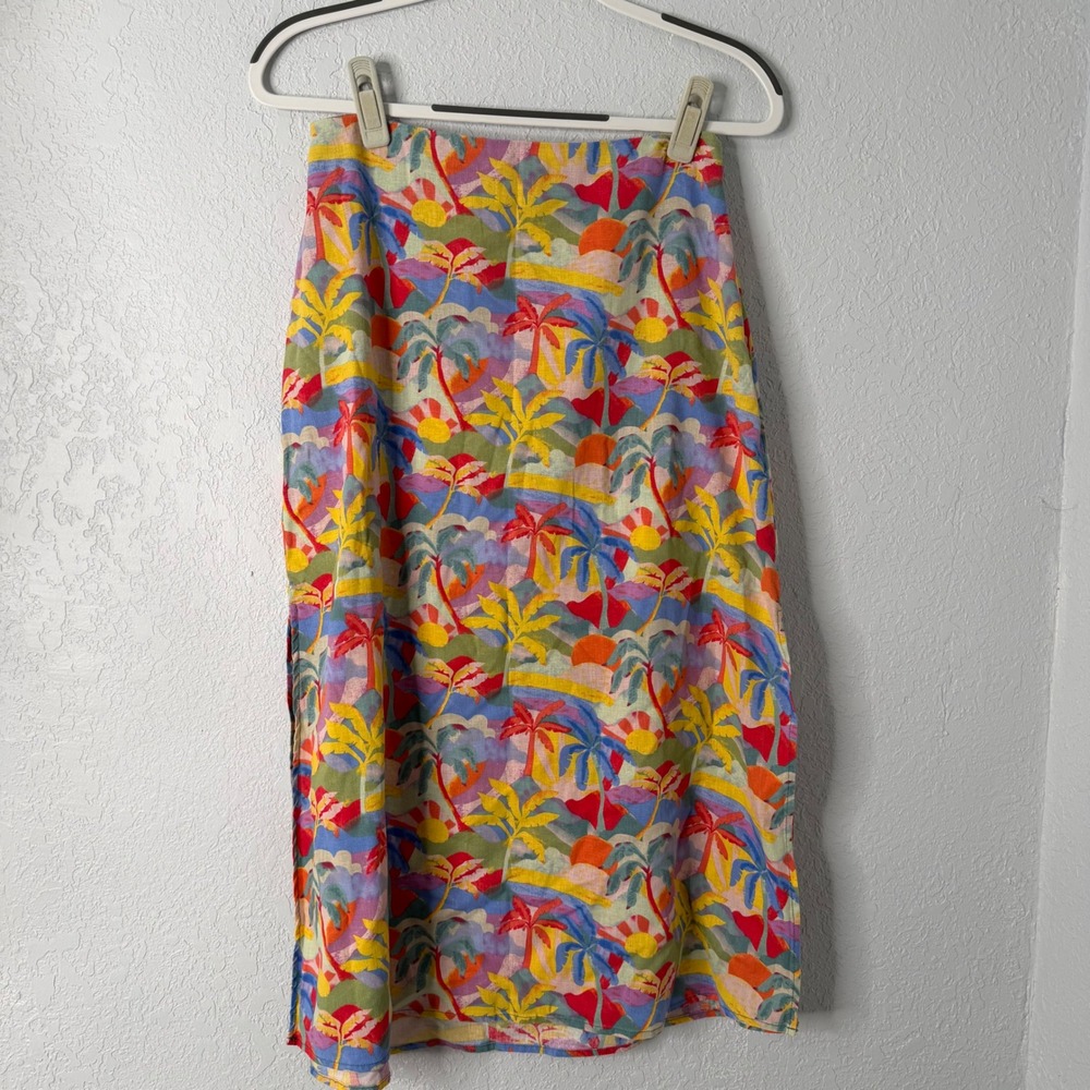 Marine Layer Ryan Women Multi Color Tropical Palm‎ Tree Linen Midi Skirt Size 6